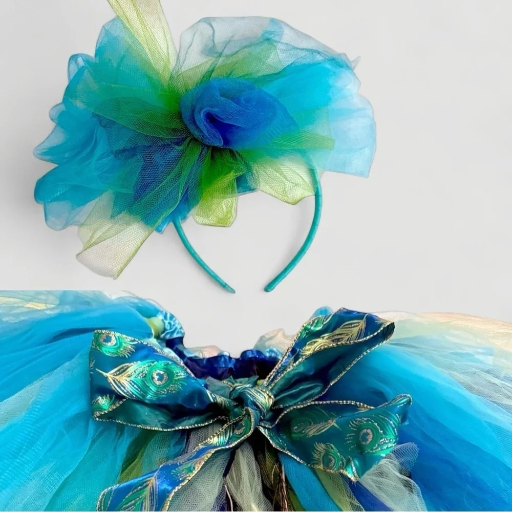 Handmade Peacock Costume Tulle Tutu Skirt and Fascinator – Girls Size 7 Dress-Up